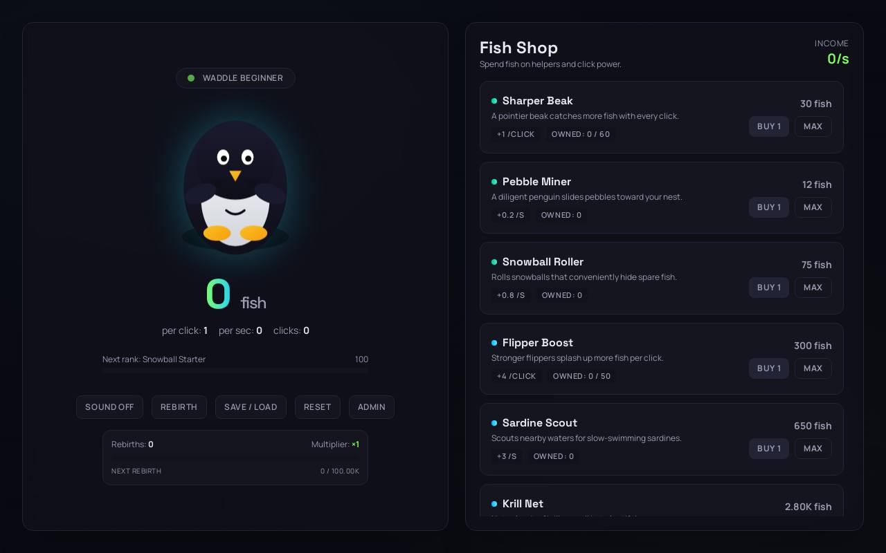 Penguin Clicker, an app built with Coddy Build